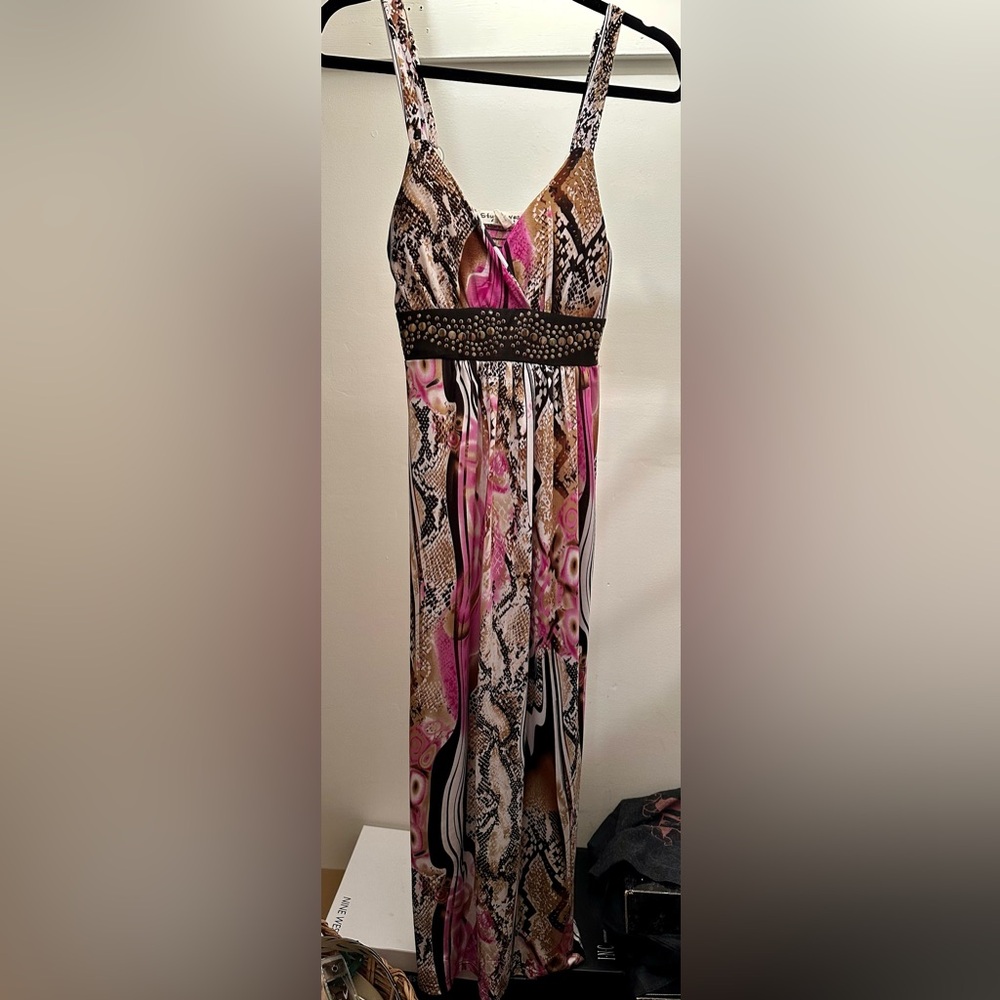 Vintage Studio West Apparel Pink and Brown Patterned Dress with Studded Top